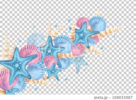 Beautiful underwater composition with watercolor sea life shell and starfish. Hand drawn illustration isolated on white background. For cards, design, packaging Beautiful underwater composition with watercolor sea life shell and starfish. Hand drawn illustration isolated on white background. For cards, design, packaging 108033087