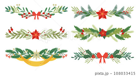 Set Of Christmas Decorative Borders, Enchanting Fir Tree Garlands Of Mistletoe Or Poinsettia Branches, Ribbons And Bows 108033415
