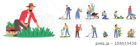 Set Of Gardener Characters Nurture Nature Beauty. With Skillful Hands And Deep Connection To The Earth Set Of Gardener Characters Nurture Nature Beauty. With Skillful Hands And Deep Connection To The Earth 108033439