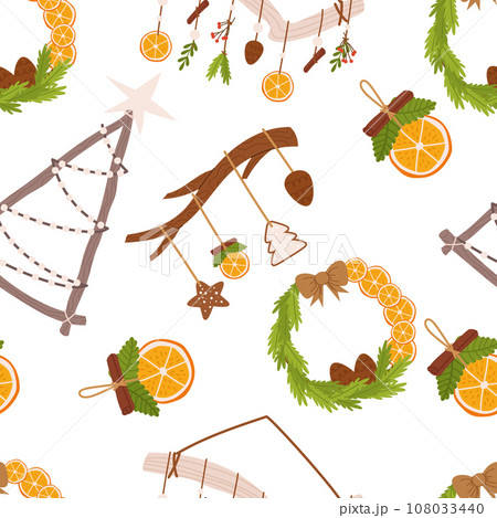 Festive Seamless Pattern Adorned With Christmas Hanging Decor. Tile Ornament With Mistletoe, Fir Branches, Wreaths Festive Seamless Pattern Adorned With Christmas Hanging Decor. Tile Ornament With Mistletoe, Fir Branches, Wreaths 108033440