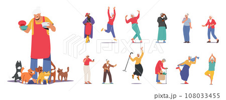 Set Of Senior Female Characters Feeding Cats, Run, Jump And Dance, Posing In Trendy Clothes, Doing Yoga And Sport 108033455