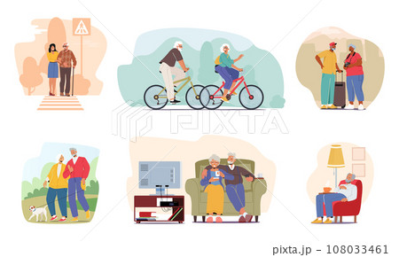 Set Of Senior Characters Crossing The Road By Zebra, Riding Bicycles, Walking With Dog In Park, Watching Movies Together 108033461