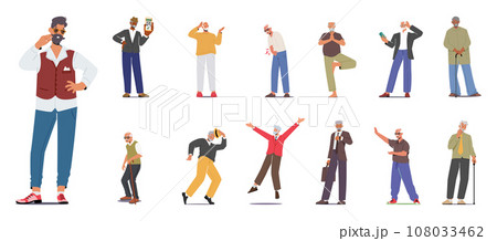 Set Of Elderly Male Characters. Old Men Wear Fashionable Clothes, Doing Yoga, Use Smartphones, Dancing, Jumping 108033462