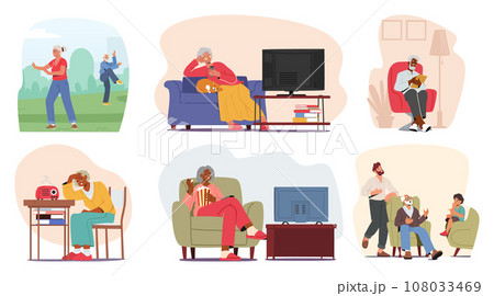 Set Of Senior Characters Exercising In Park, Watching Movies At Home, Use Gadgets, Listening Radio, Meet With Family Set Of Senior Characters Exercising In Park, Watching Movies At Home, Use Gadgets, Listening Radio, Meet With Family 108033469