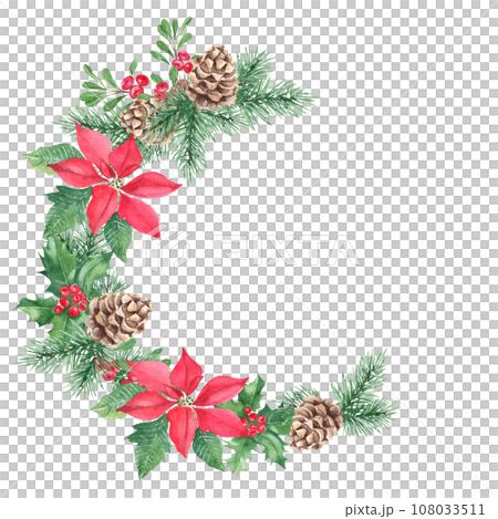 Watercolor hand drawn Christmas wreath. Floral frame with Pine cone and branches, poinsettia, Holly plant with red berries, poinsettia, cowberry, lingonberry. Botanical illustration isolated on white Watercolor hand drawn Christmas wreath. Floral frame with Pine cone and branches, poinsettia, Holly plant with red berries, poinsettia, cowberry, lingonberry. Botanical illustration isolated on white 108033511