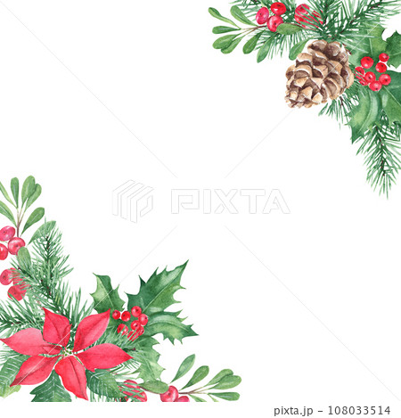 Christmas square frame, border with corner bouquets. Pine cone and branches, Holly plant with red berries, poinsettia, cowberry, lingonberry. Symbols of the New year and Christmas. Watercolor hand 108033514
