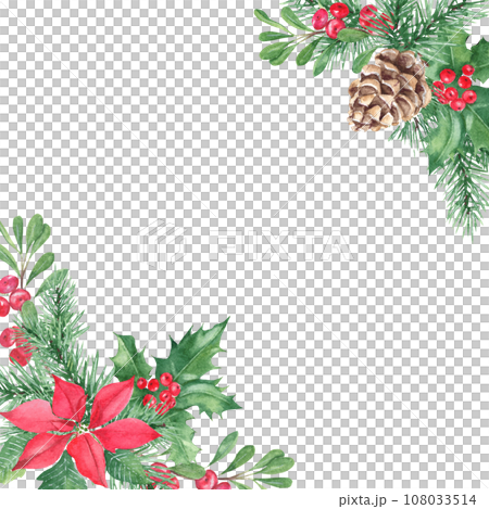 Christmas square frame, border with corner bouquets. Pine cone and branches, Holly plant with red berries, poinsettia, cowberry, lingonberry. Symbols of the New year and Christmas. Watercolor hand 108033514