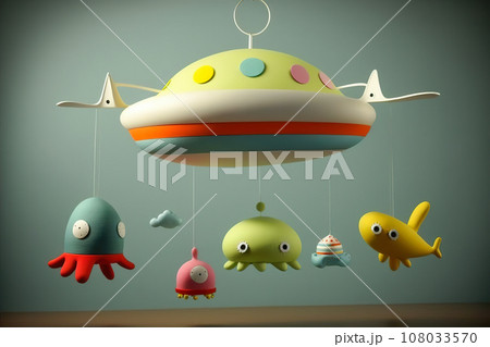 A whimsical hanging mobile with colorful alien toys under flying saucer for a child's bedroom. Children's musical carousel on a crib in UFO style. Fantastic toys for little UFO lovers. Generative Ai. A whimsical hanging mobile with colorful alien toys under flying saucer for a child's bedroom. Children's musical carousel on a crib in UFO style. Fantastic toys for little UFO lovers. Generative Ai. 108033570
