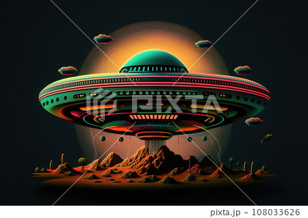 UFO poster in 1980s style for World UFO Day. Flying saucer on mountains with clouds in retro colors. Colorful Unknown flying object. Sci-fi scene. Generative Ai. UFO poster in 1980s style for World UFO Day. Flying saucer on mountains with clouds in retro colors. Colorful Unknown flying object. Sci-fi scene. Generative Ai. 108033626