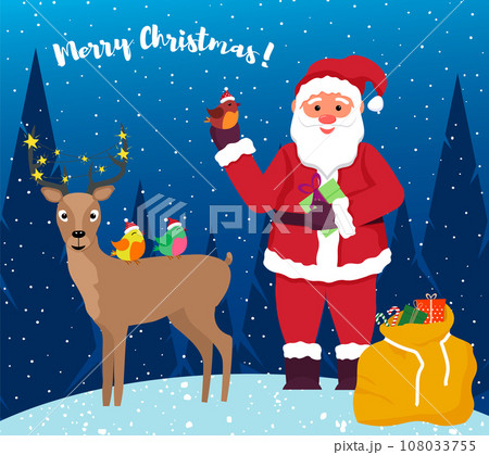 Santa Claus in the winter forest. Deer and birds, a bag of gifts. Christmas illustration template.  108033755