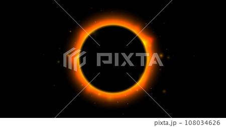 Sun full eclipse concept. Red orange solar glow background. Moon or planet total eclipse in dark space. Hot star surface flare with rays and beams effects. Vector illustration 108034626