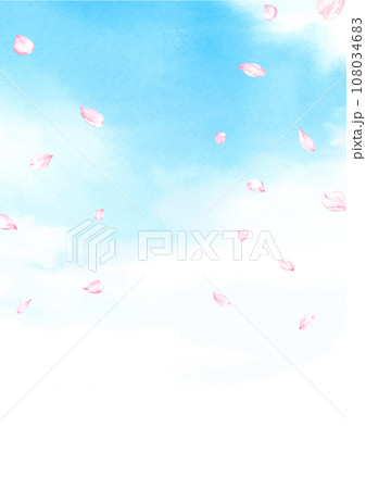 青空に舞う桜の花びらの水彩イラスト　A4縦　 108034683