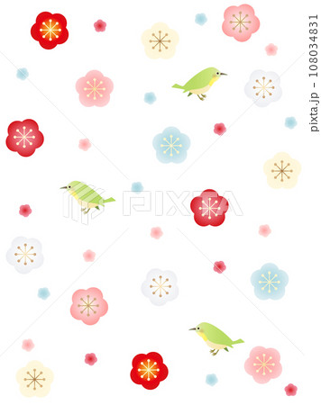 梅と鳥のレトロで可愛い壁紙　縦型バージョン 108034831