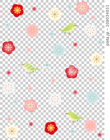 梅と鳥のレトロで可愛い壁紙　縦型バージョン 108034831