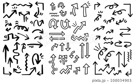 たくさんの手描き矢印。3種類のセット。 108034903