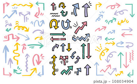 たくさんの手描き矢印。3種類のセット。 たくさんの手描き矢印。3種類のセット。 108034904