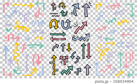 たくさんの手描き矢印。3種類のセット。 たくさんの手描き矢印。3種類のセット。 108034904