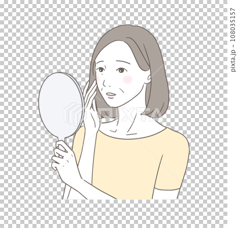 鏡を見てお肌の変化に悩む中高年女性 108035157