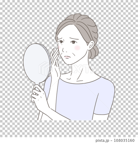 Senior woman looking at a hand mirror and worrying about signs of aging Senior woman looking at a hand mirror and worrying about signs of aging 108035160