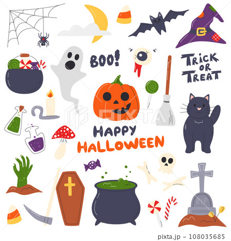 Halloween hand drawn cute traditional symbols set Halloween hand drawn cute traditional symbols set 108035685