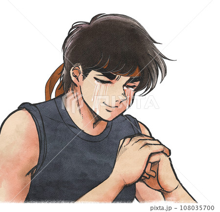 昭和の格闘技漫画風イラスト・手を握って泣く二枚目 108035700