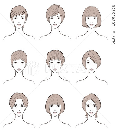 女性のヘアスタイルのイラスト. ヘアスタイルのバリエーション. 女性のヘアスタイルのイラスト. ヘアスタイルのバリエーション. 108035859