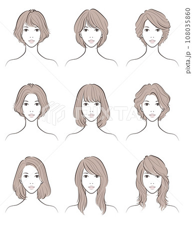 女性のヘアスタイルのイラスト. ヘアスタイルのバリエーション. 女性のヘアスタイルのイラスト. ヘアスタイルのバリエーション. 108035860