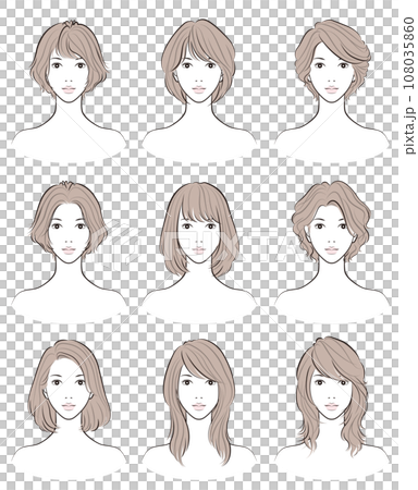 女性のヘアスタイルのイラスト. ヘアスタイルのバリエーション. 女性のヘアスタイルのイラスト. ヘアスタイルのバリエーション. 108035860