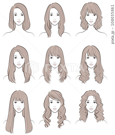 女性のヘアスタイルのイラスト. ヘアスタイルのバリエーション. 女性のヘアスタイルのイラスト. ヘアスタイルのバリエーション. 108035861