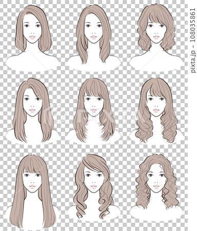 女性のヘアスタイルのイラスト. ヘアスタイルのバリエーション. 女性のヘアスタイルのイラスト. ヘアスタイルのバリエーション. 108035861