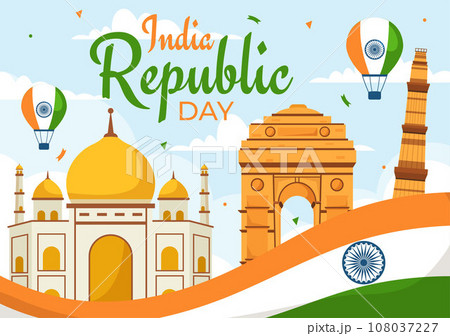 Happy India Republic Day Vector Illustration on 26 January with Indian Flag and Gate in Holiday National Celebration Flat Cartoon Background Design 108037227