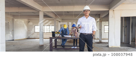 Banner Group of engineer team brainstorming at construction building with manager, contractor, worker meeting together at constrcution site. Team engineer look at Blueprint teamwork with copy space Banner Group of engineer team brainstorming at construction building with manager, contractor, worker meeting together at constrcution site. Team engineer look at Blueprint teamwork with copy space 108037948