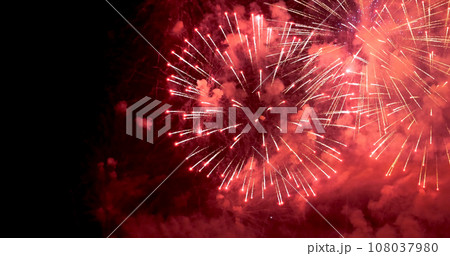 Red Firework celebrate anniversary happy new year 2023, 4th of july holiday festival. red firework in night time celebrate national holiday. Countdown to new year 2023 festival party time event 108037980