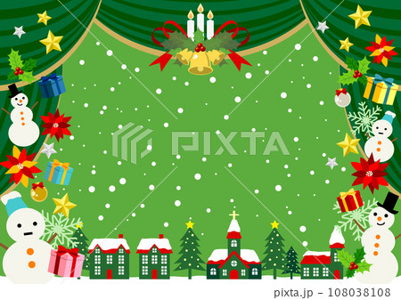 クリスマス、緑、幕、緞帳、フレーム、劇場、背景、横型、雪、かわいい、イラスト、街並み クリスマス、緑、幕、緞帳、フレーム、劇場、背景、横型、雪、かわいい、イラスト、街並み 108038108