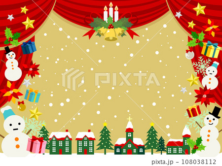 クリスマス、赤、幕、緞帳、フレーム、劇場、背景、横型、雪、かわいい、イラスト、街並み クリスマス、赤、幕、緞帳、フレーム、劇場、背景、横型、雪、かわいい、イラスト、街並み 108038112
