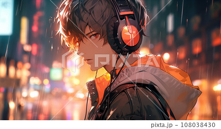 anime boy wearing headphones in city, 108038430