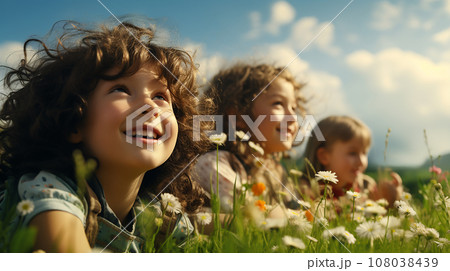 Happy boys and girls lying on the field. Group of happy children playing outdoors. AI generate. Happy boys and girls lying on the field. Group of happy children playing outdoors. AI generate. 108038439