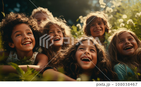 Happy boys and girls lying on the field. Group of happy children playing outdoors lying on green grass little girl and boy playing outdoors. Best friends, happy family. AI generate. Happy boys and girls lying on the field. Group of happy children playing outdoors lying on green grass little girl and boy playing outdoors. Best friends, happy family. AI generate. 108038467