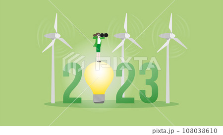 Green energy concept. Vision businesswoman uses binoculars on 2023 and wind turbine generator power. 108038610
