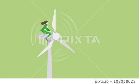 Green energy concept. A businesswoman ride on a wind turbine generator power windmill. Green energy concept. A businesswoman ride on a wind turbine generator power windmill. 108038625