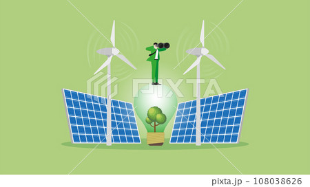 Vision businessman uses binoculars on a tree light bulb, wind turbine generator power, and solar cells panel. 108038626