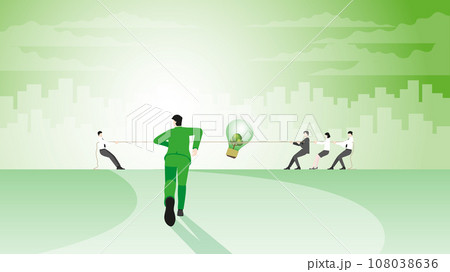 Back view of businessman runs aim to target goal. to help team pull a rope in tug of war. 108038636