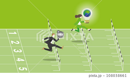 Businesswoman holds the world light bulb, runs and jumps over obstacles on a racetrack. 108038661