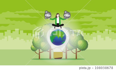 A businesswoman holds CO2e gas on the world light bulb and trees. A businesswoman holds CO2e gas on the world light bulb and trees. 108038678