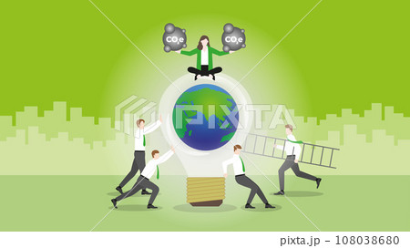 Businesswoman holds CO2e gas on a world light bulb and trees with team. 108038680