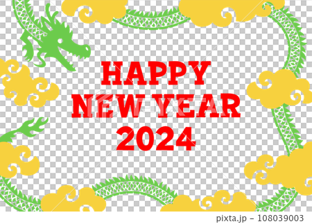 Green dragon and gold cloud frame and HAPPY NEW YEAR 2024 text 108039003