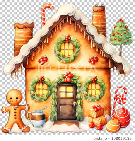 Christmas Holiday Cookie, Gingerbread Christmas House Cookies isolated on Transparent Background 108039159