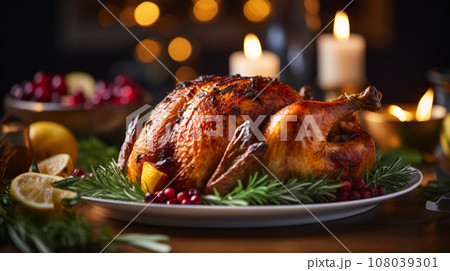 鳥の丸焼きローストターキーでパーティーディナー Roast Turkey dinner AI生成画像 108039301