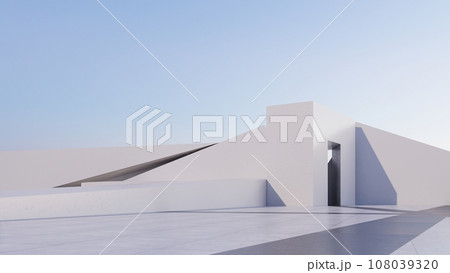 white abstract futuristic architecture on a flat floor, with sky background. 3D illustration render 108039320