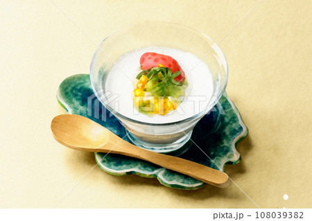 フルーツを乗せた杏仁豆腐／水彩画 108039382